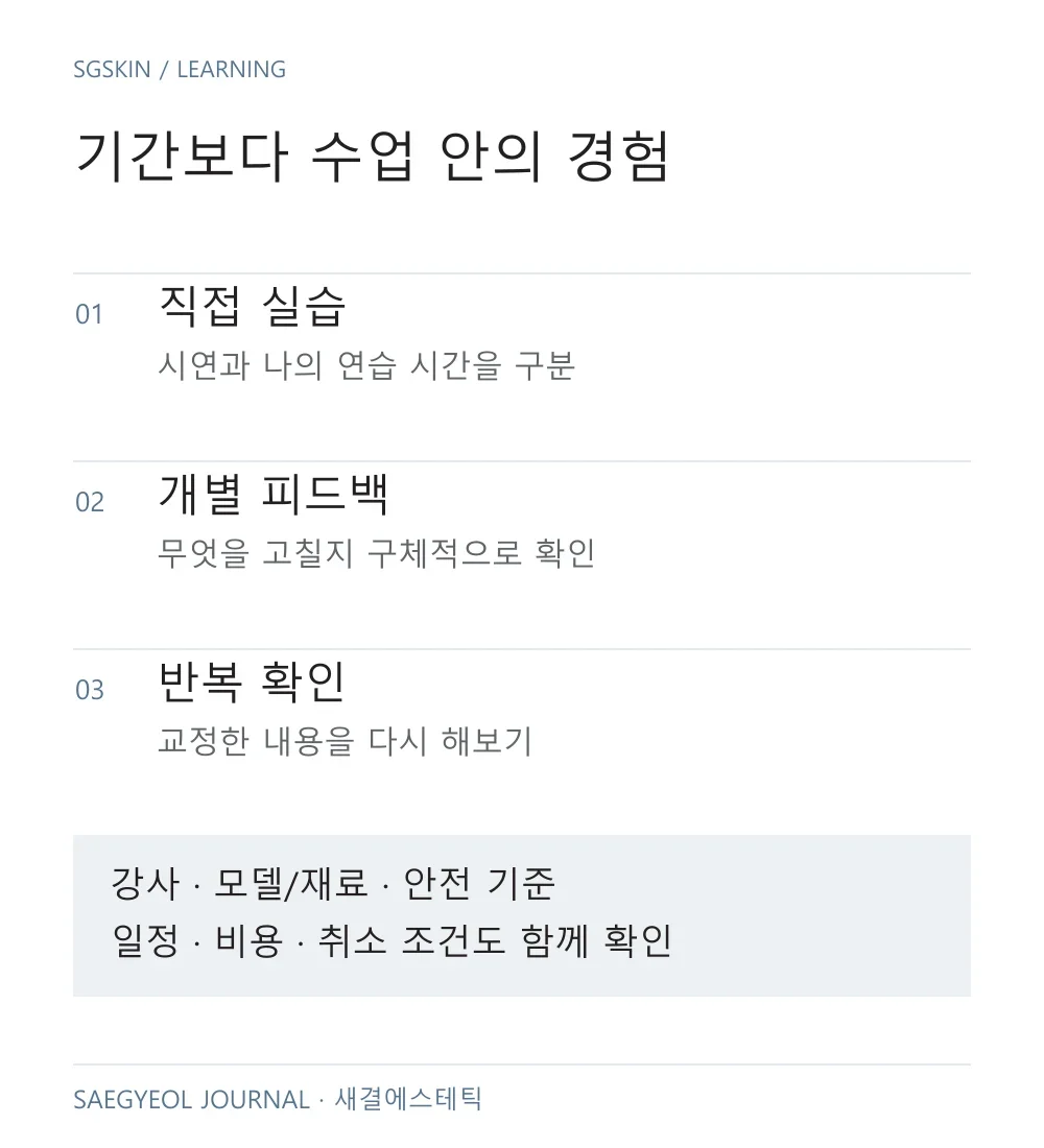 수업 비교의 세 축: 직접 실습, 개별 피드백, 반복 확인